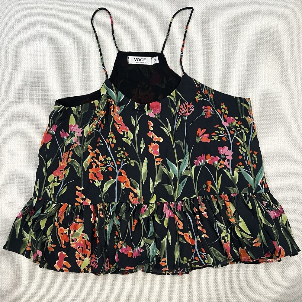 Voge Boutique Sleeveless Camisole Top Vibrant Floral Pattern and a Ruffled Hem M